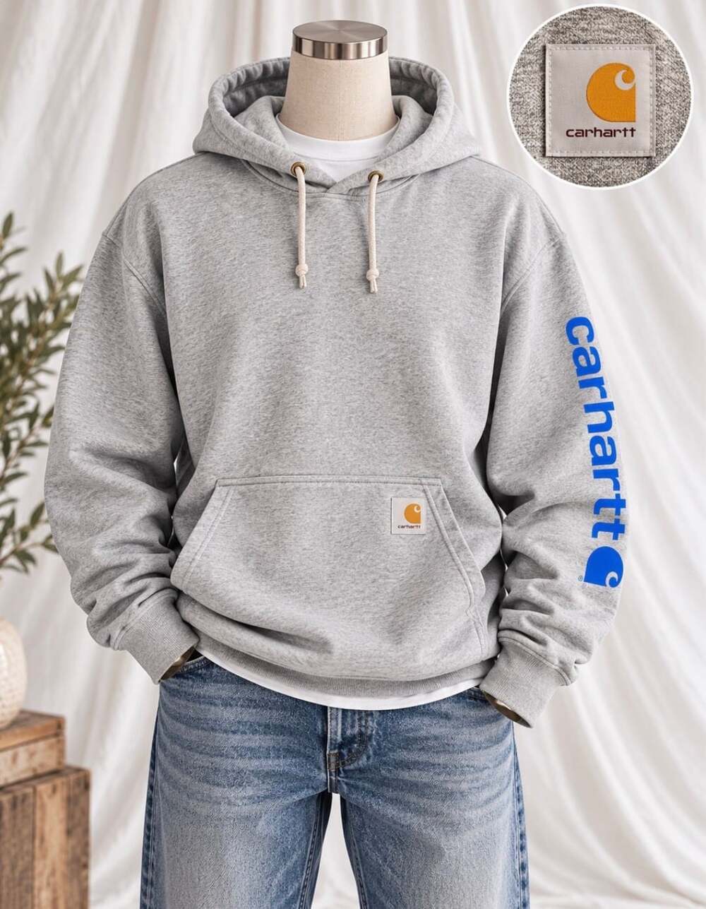 Carhartt Loose Fit Gray Pullover Hoodie Blue Sleeve Logo Sweatshirt S